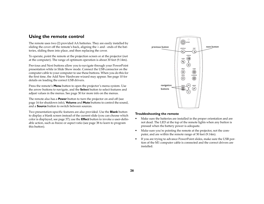 Ask Proxima C170 manual Using the remote control, Troubleshooting the remote 