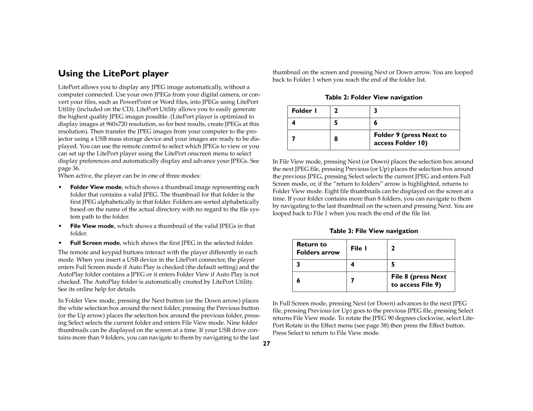 Ask Proxima C170 manual Using the LitePort player, Folder View navigation Folder 9 press Next to Access Folder 