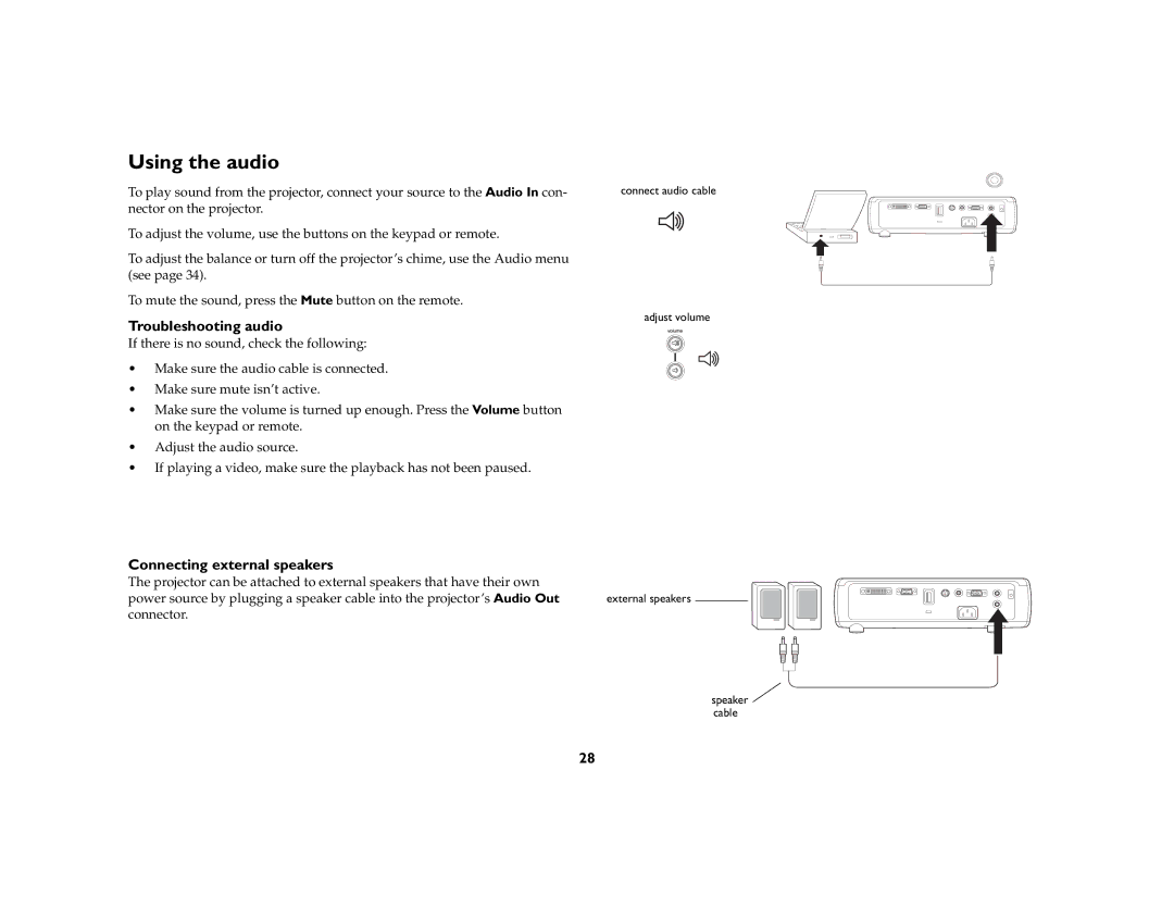 Ask Proxima C170 manual Using the audio, Troubleshooting audio, Connecting external speakers 