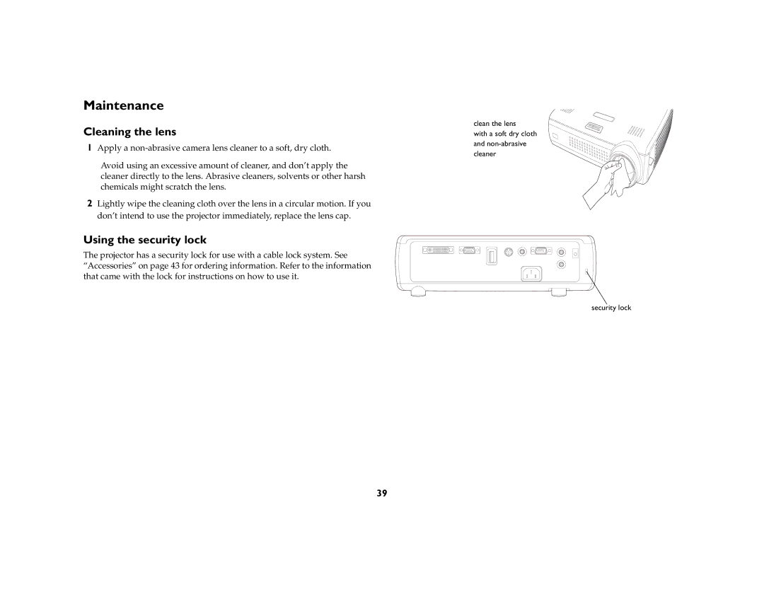 Ask Proxima C170 manual Maintenance, Cleaning the lens, Using the security lock 