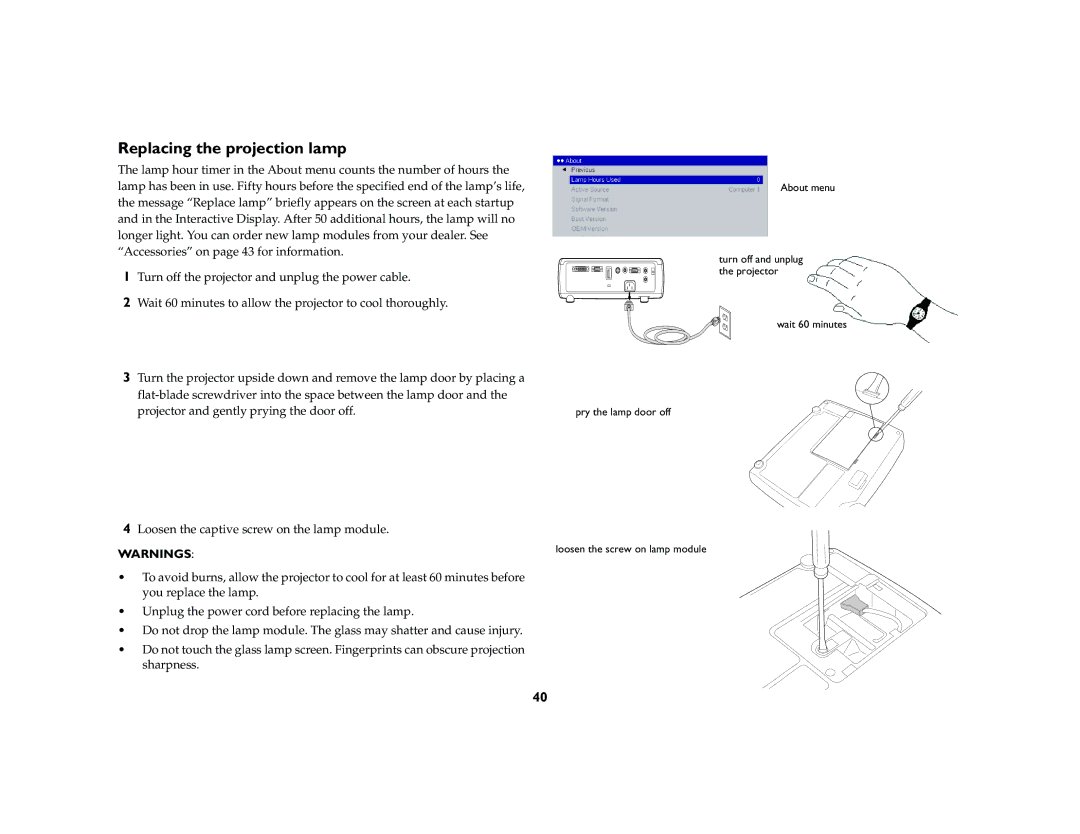 Ask Proxima C170 manual Replacing the projection lamp 