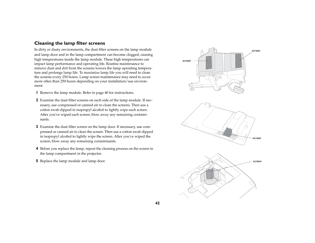 Ask Proxima C170 manual Cleaning the lamp filter screens 