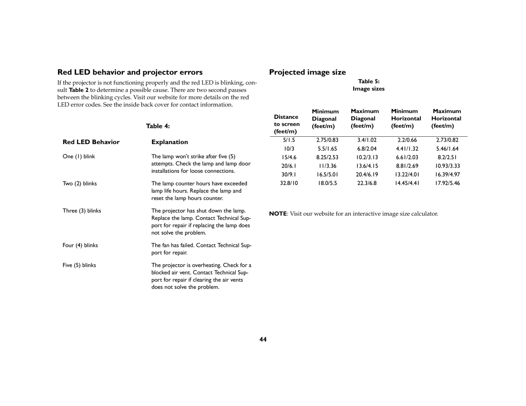 Ask Proxima C170 manual Red LED behavior and projector errors, Projected image size, Red LED Behavior Explanation 