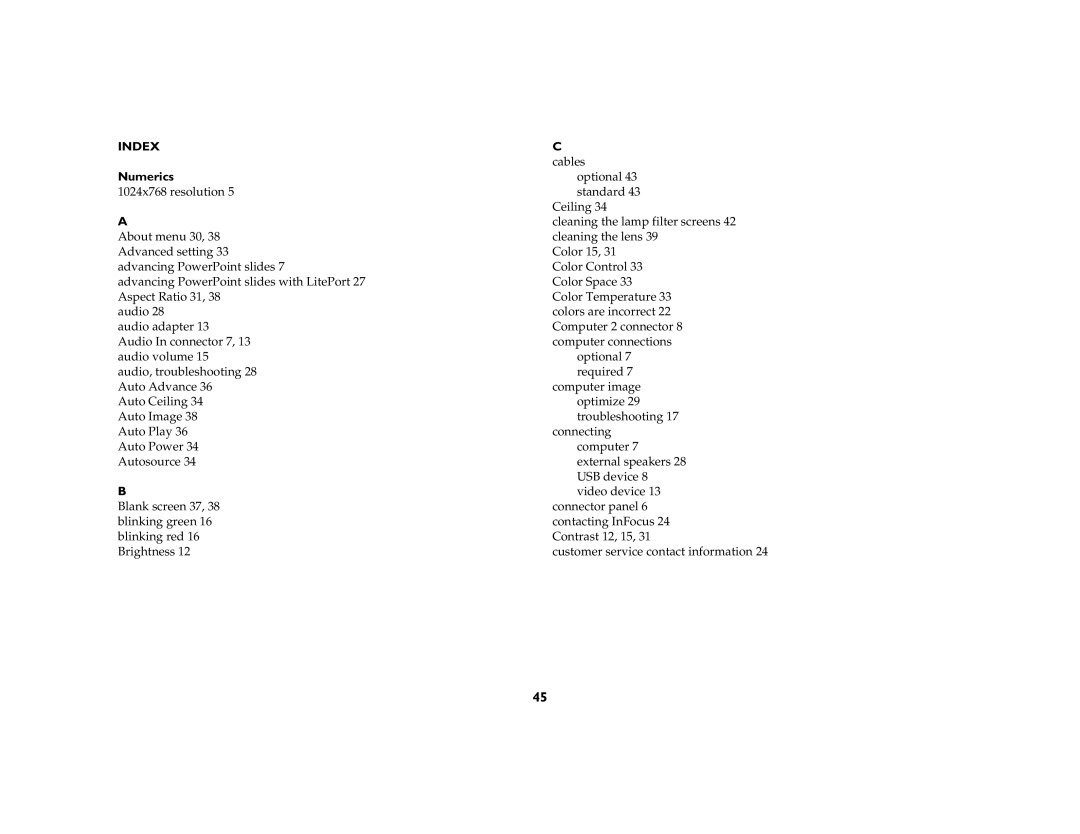 Ask Proxima C170 manual Numerics, Cables 