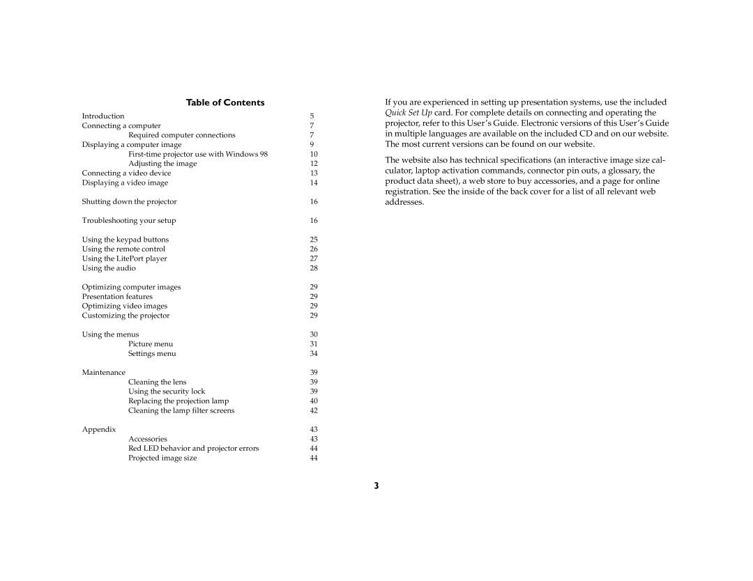 Ask Proxima C170 manual Table of Contents 