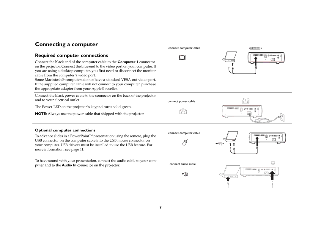 Ask Proxima C170 manual Connecting a computer, Required computer connections, Optional computer connections 