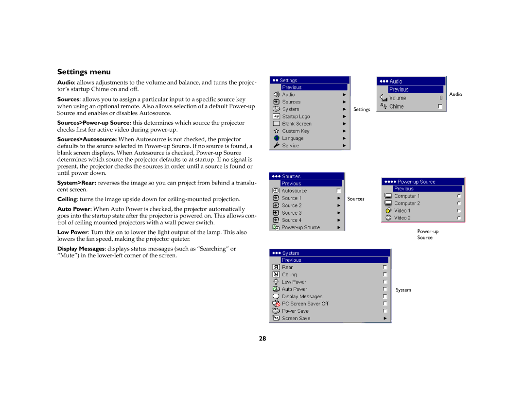 Ask Proxima C175 manual Settings menu 