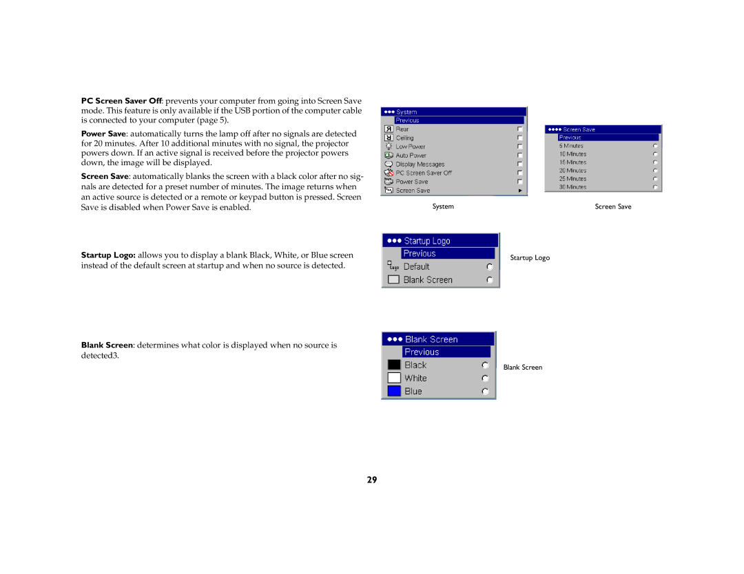 Ask Proxima C175 manual Save is disabled when Power Save is enabled 