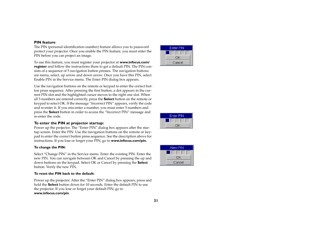 Ask Proxima C175 manual PIN feature, To enter the PIN at projector startup, To change the PIN 