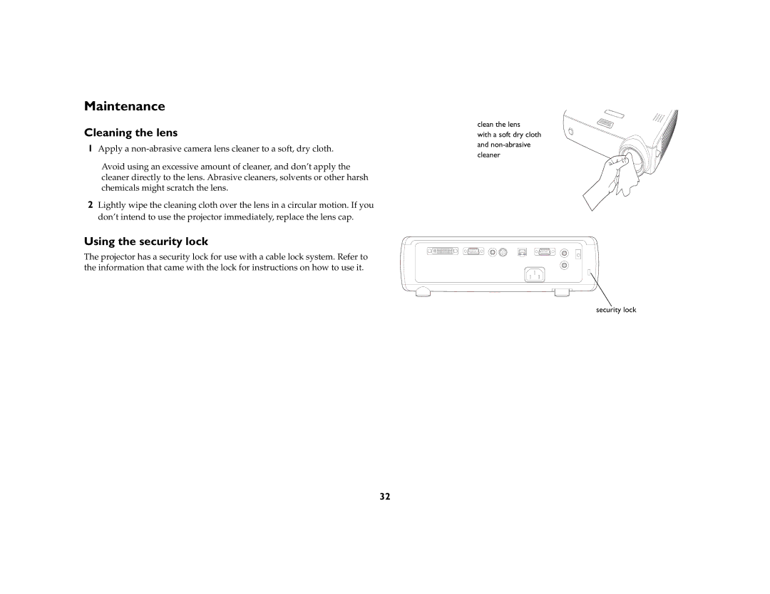 Ask Proxima C175 manual Maintenance, Cleaning the lens, Using the security lock 