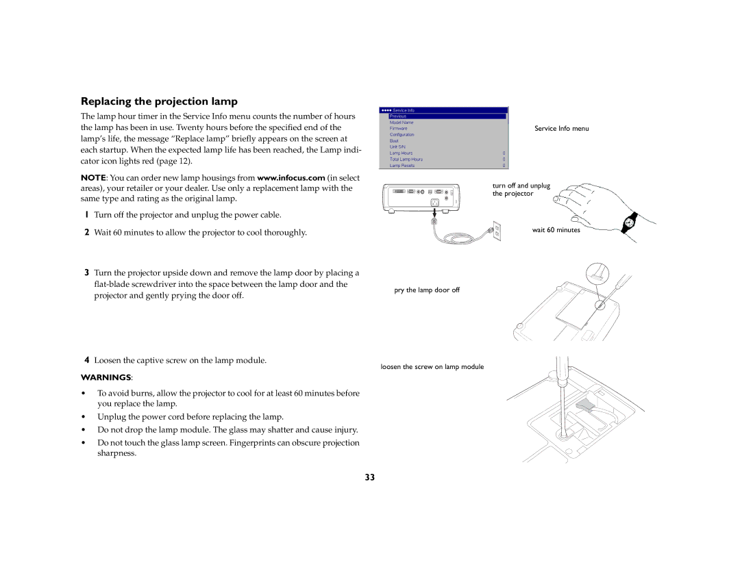 Ask Proxima C175 manual Replacing the projection lamp 