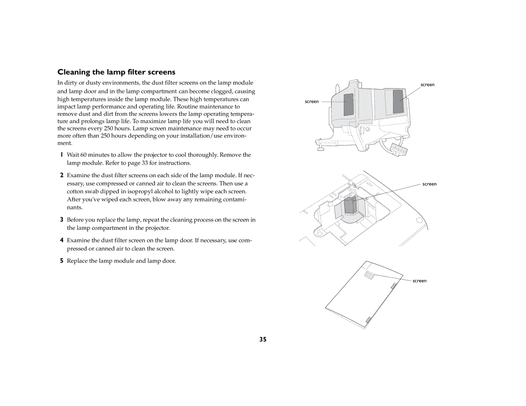 Ask Proxima C175 manual Cleaning the lamp filter screens 