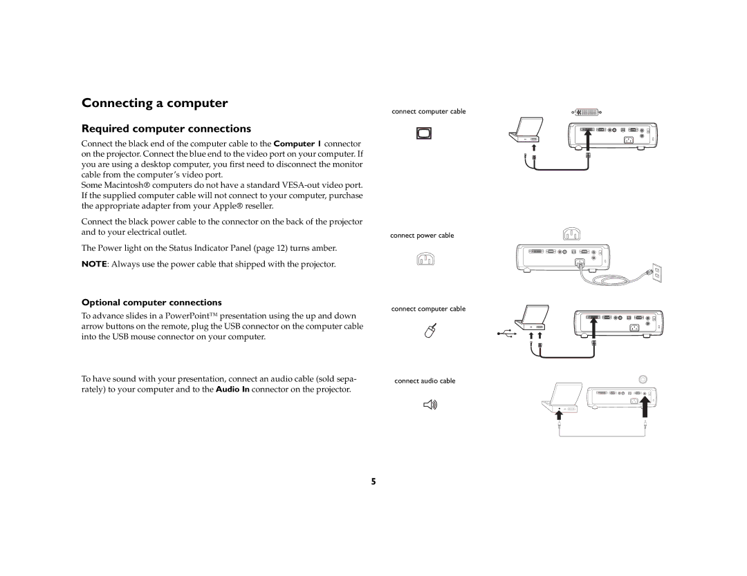 Ask Proxima C175 manual Connecting a computer, Required computer connections, Optional computer connections 