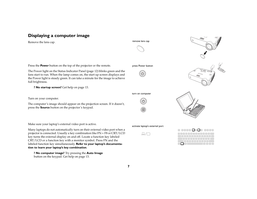 Ask Proxima C175 manual Displaying a computer image, ? No startup screen? Get help on 