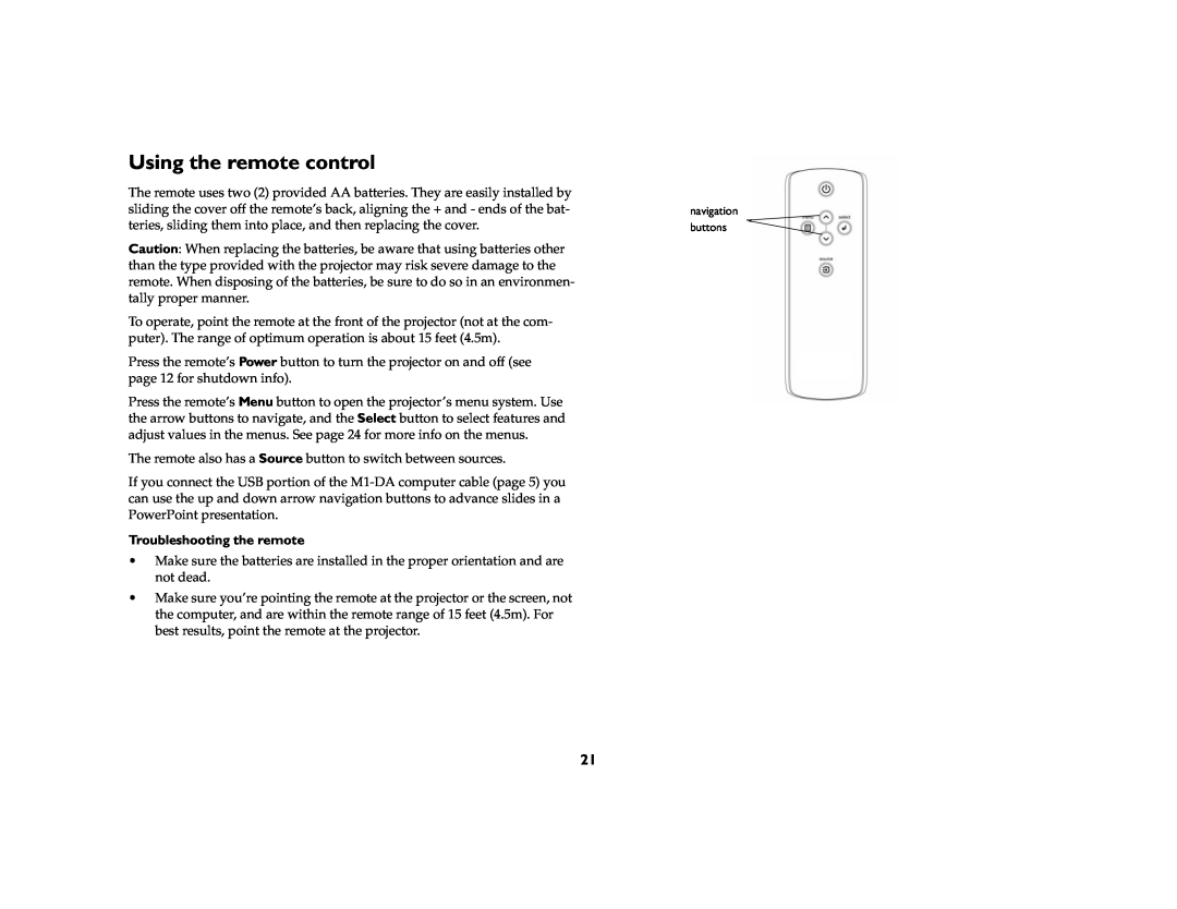 Ask Proxima C175 manual Using the remote control, Troubleshooting the remote 