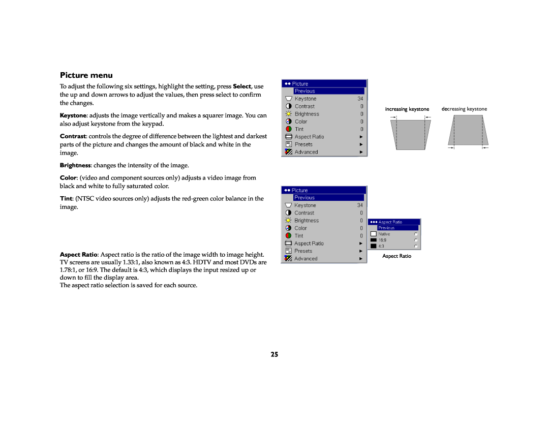Ask Proxima C175 manual Picture menu 