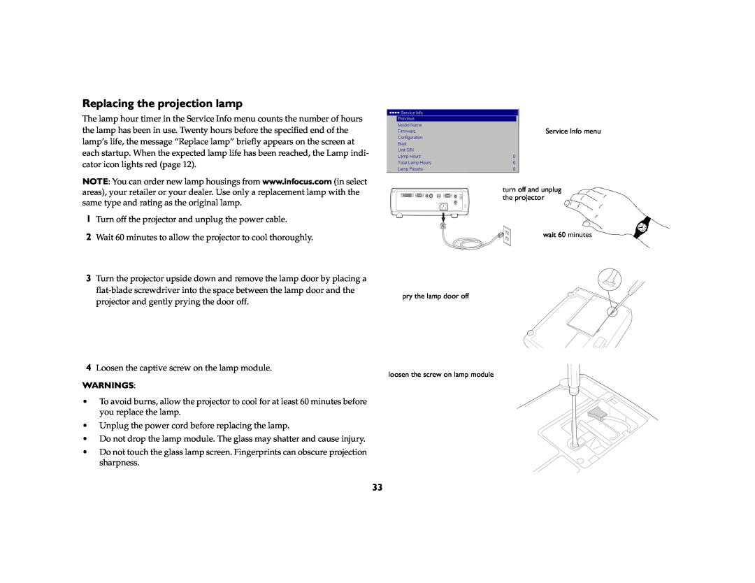 Ask Proxima C175 manual Replacing the projection lamp, Warnings 