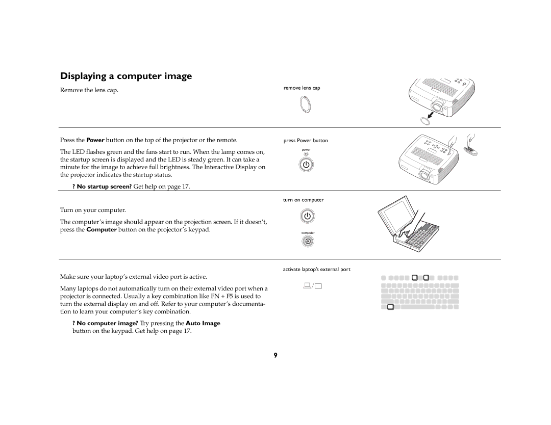 Ask Proxima C180 UG manual Displaying a computer image, ? No startup screen? Get help on 