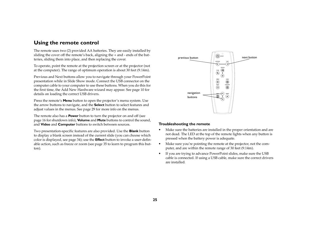 Ask Proxima C180 UG manual Using the remote control, Troubleshooting the remote 