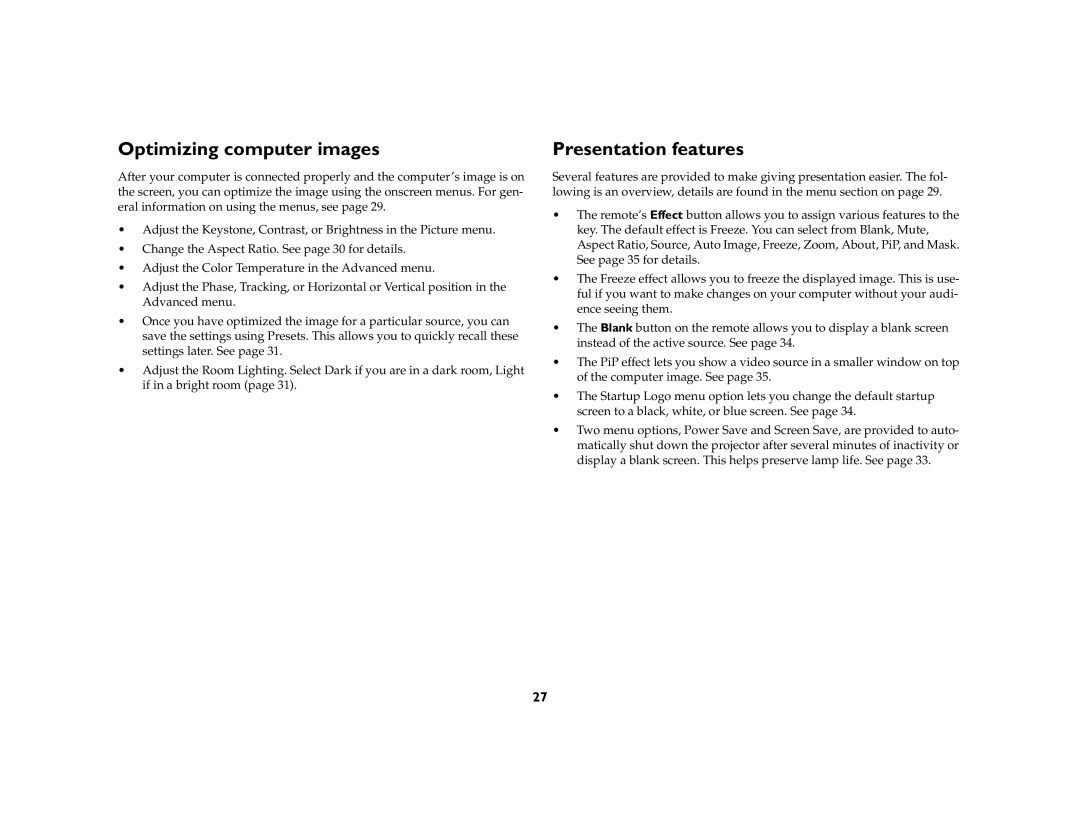 Ask Proxima C180 UG manual Optimizing computer images, Presentation features 