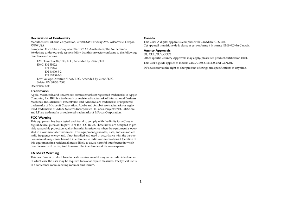 Ask Proxima C180 UG manual Declaration of Conformity, Trademarks, FCC Warning, EN 55022 Warning, Canada, Agency Approvals 