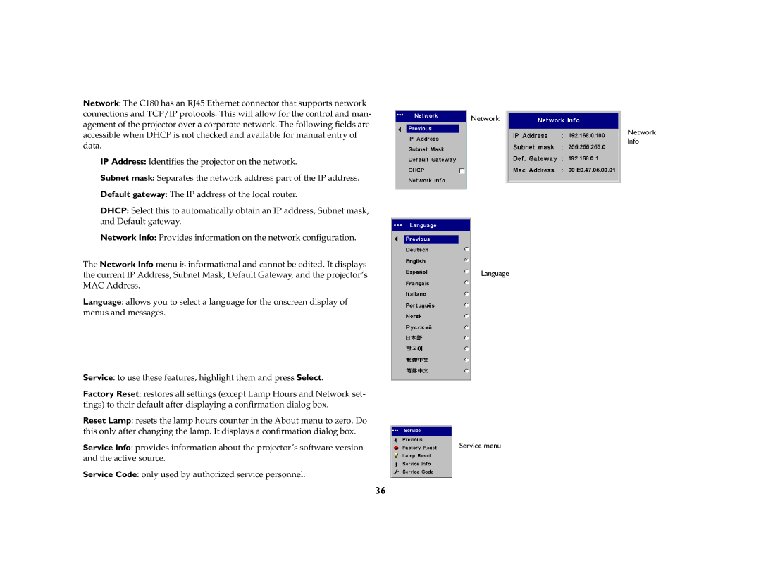 Ask Proxima C180 UG manual Network Language Service menu Network Info 