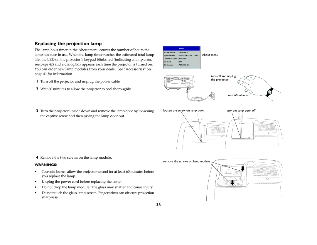 Ask Proxima C180 UG manual Replacing the projection lamp 