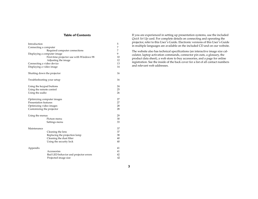 Ask Proxima C180 UG manual Table of Contents 