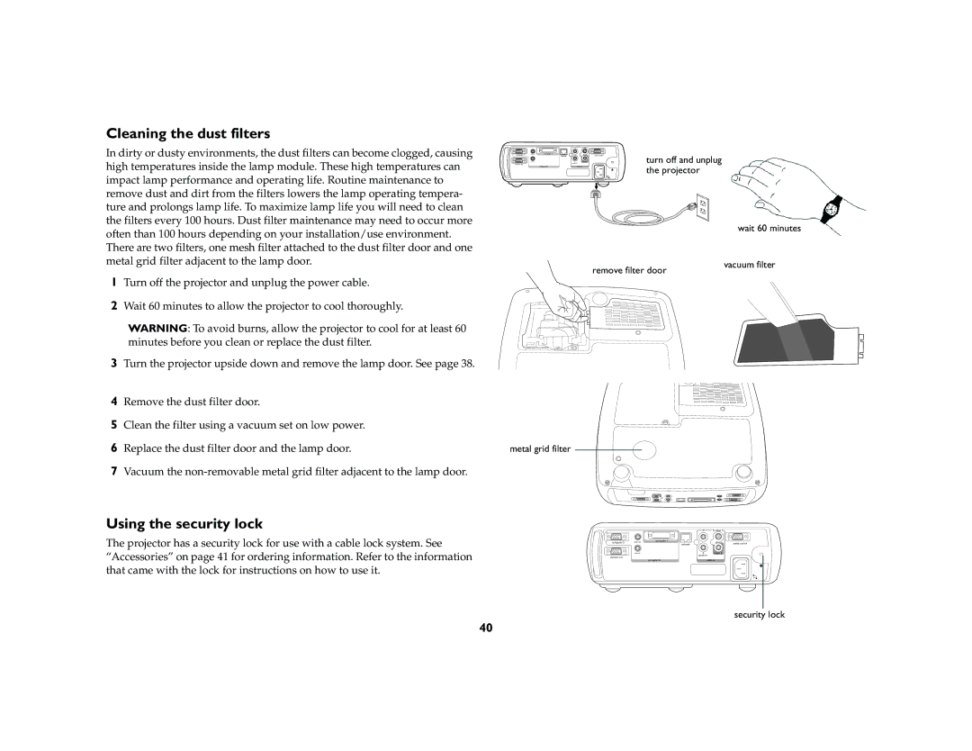 Ask Proxima C180 UG manual Cleaning the dust filters, Using the security lock 