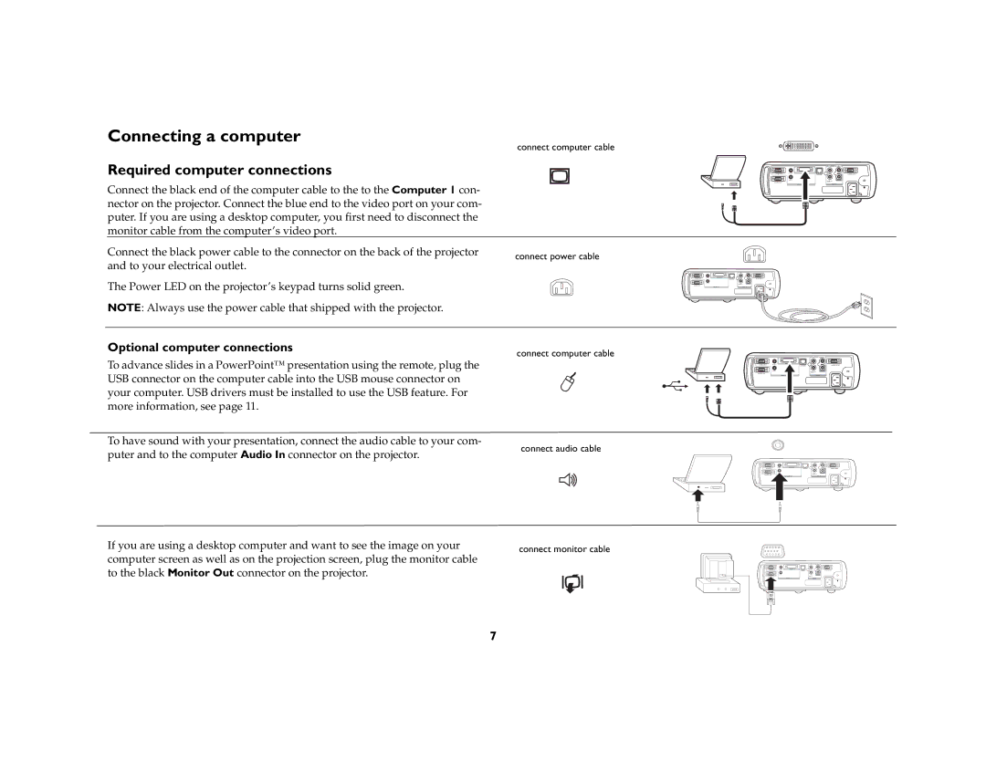 Ask Proxima C180 UG manual Connecting a computer, Required computer connections, Optional computer connections 