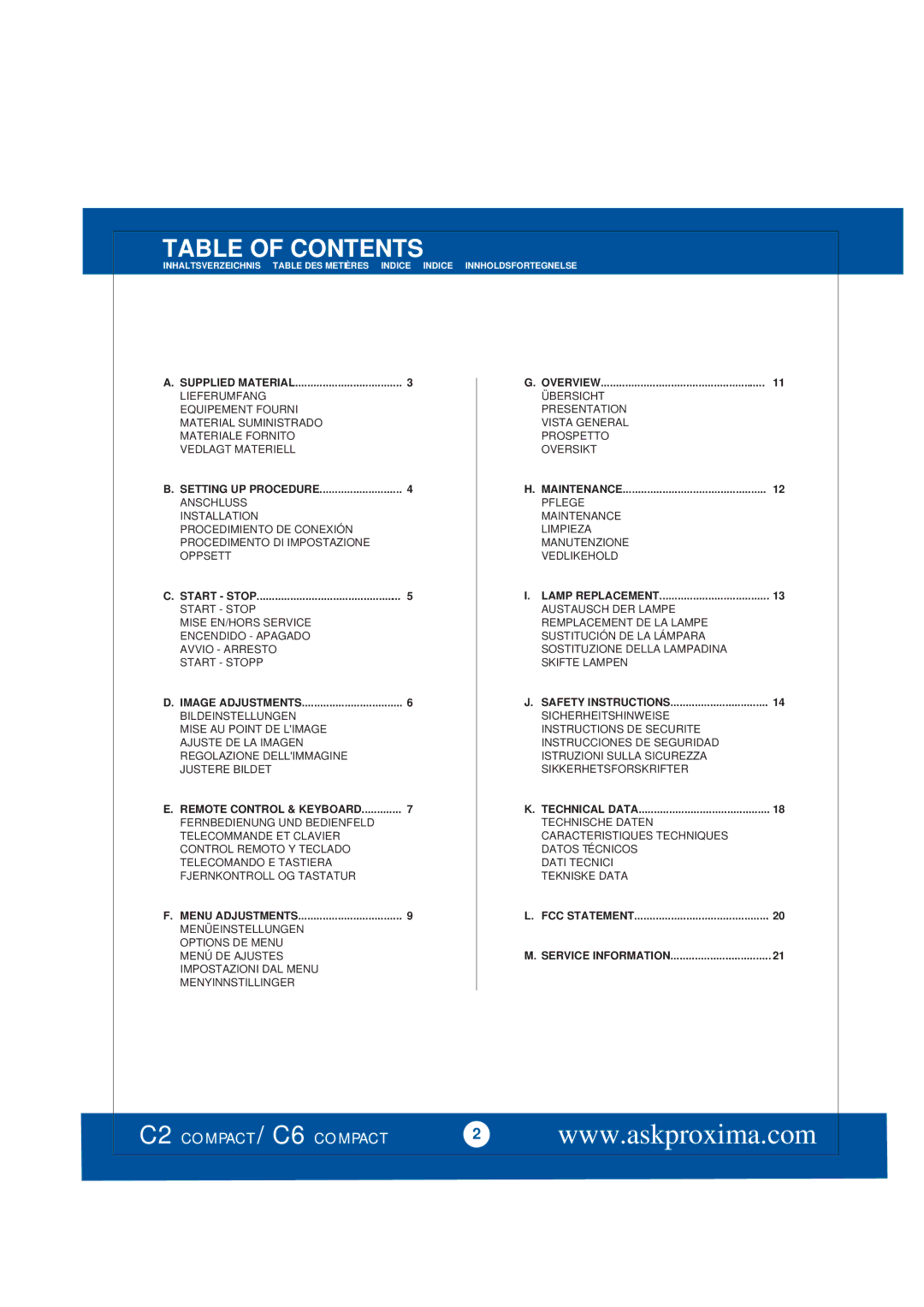 Ask Proxima C2 COMPACT, C6 COMPACT manual Table of Contents 