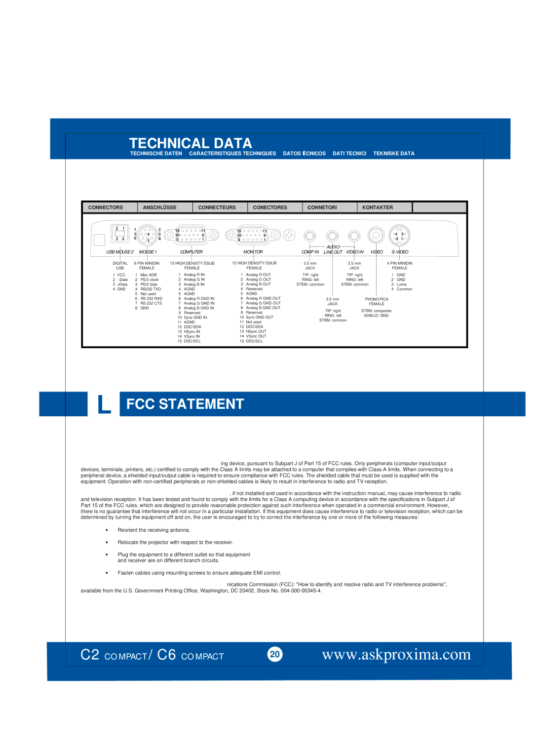 Ask Proxima C2 COMPACT, C6 COMPACT manual FCC Statement, Video 