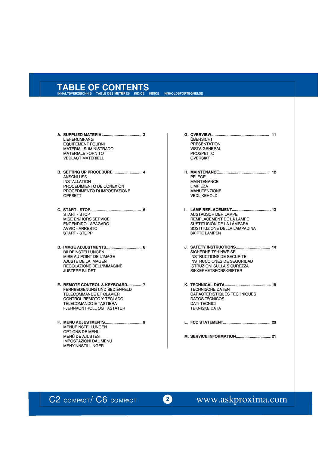 Ask Proxima manual Table Of Contents, C2 COMPACT / C6 COMPACT 