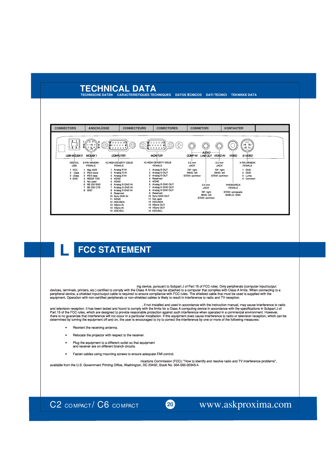 Ask Proxima manual L Fcc Statement, Technical Data, C2 COMPACT / C6 COMPACT 