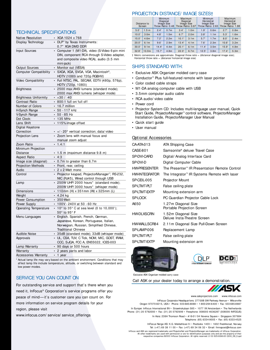 Ask Proxima C200 Technical Specifications, Service YOU can Count on, Projection DISTANCE/IMAGE SIZES†, Ships Standard with 