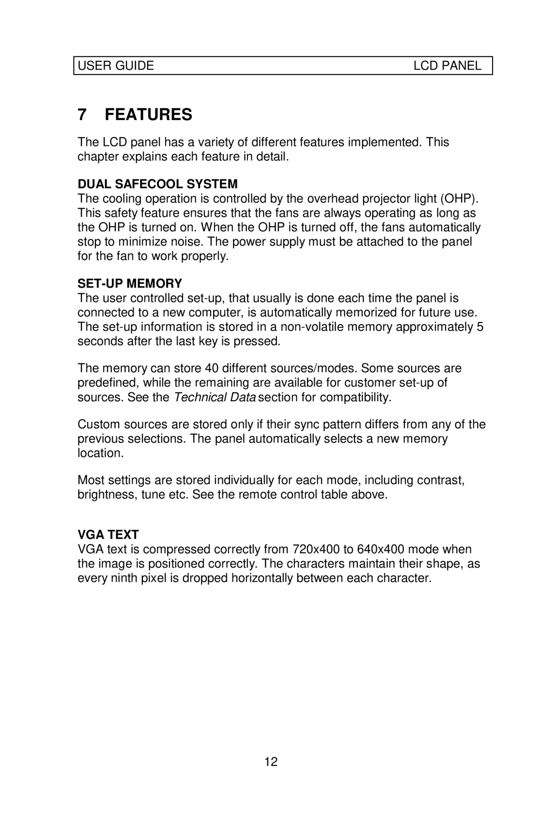 Ask Proxima C300 manual Features, Dual Safecool System, SET-UP Memory, VGA Text 