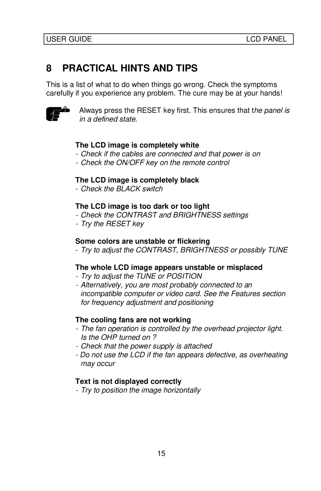 Ask Proxima C300 manual Practical Hints and Tips, LCD image is completely white 