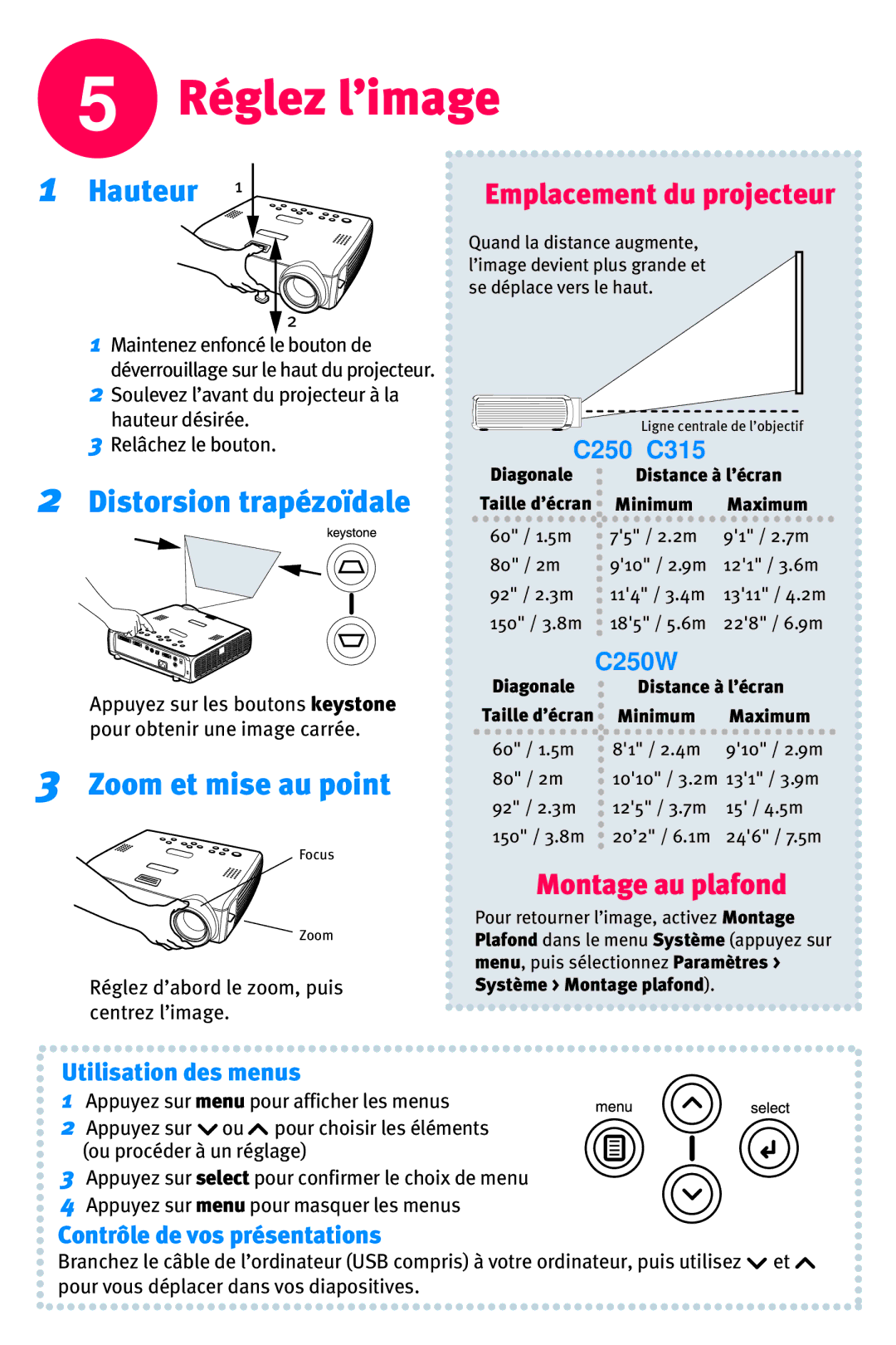 Ask Proxima C250W, C315 manual Réglez l’image, Hauteur, Distorsion trapézoïdale, Zoom et mise au point 