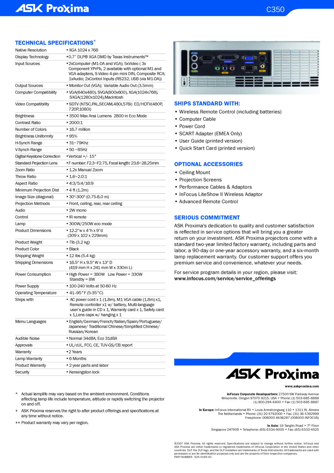 Ask Proxima C350 manual Technical SPECIFICATIONS+, Ships Standard with, Optional Accessories, Serious Commitment 