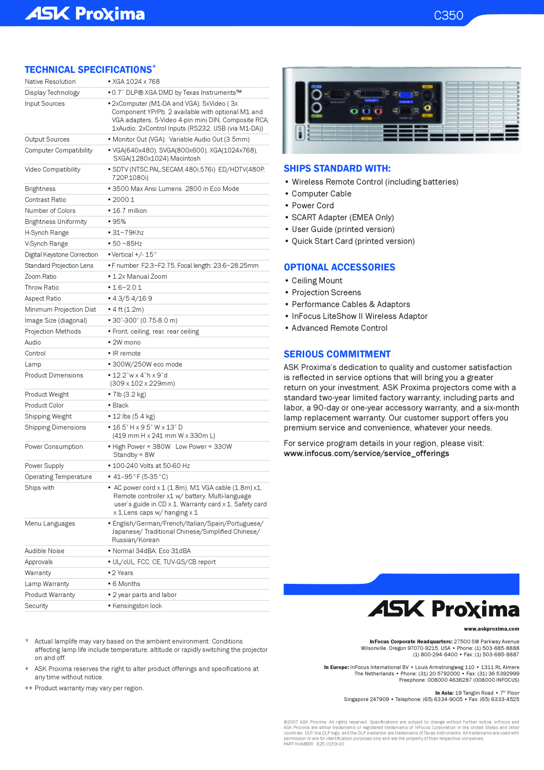 Ask Proxima C350 manual Technical Specifications+, Ships Standard With, Optional Accessories, Serious Commitment 