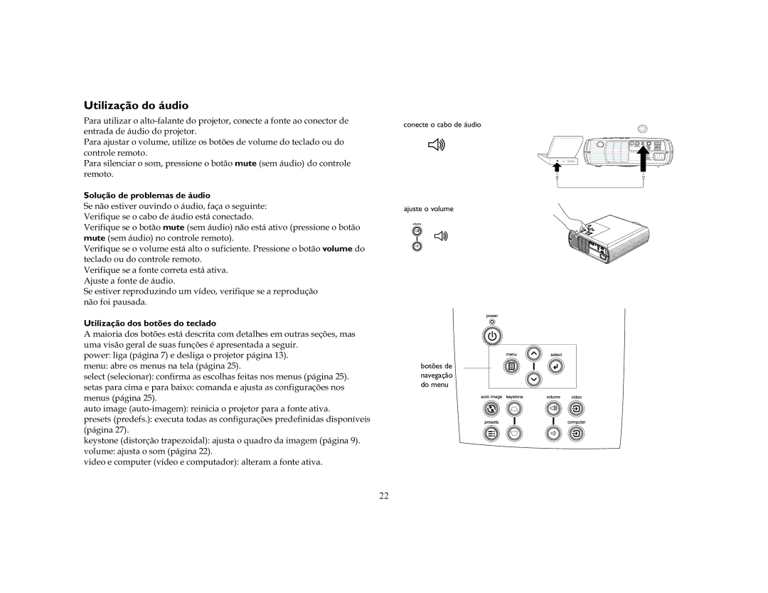 Ask Proxima C40, C50 Utilização do áudio, Frqwurohuhprwr, Solução de problemas de áudio, Utilização dos botões do teclado 