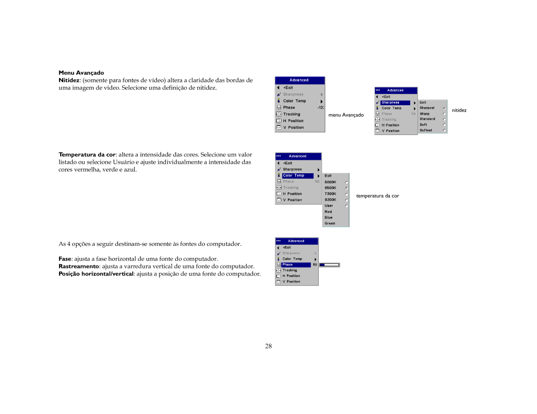 Ask Proxima C40, C50 manual Fruhvyhuphokdyhughhdxo, Nitidez Menu Avançado, Temperatura da cor 