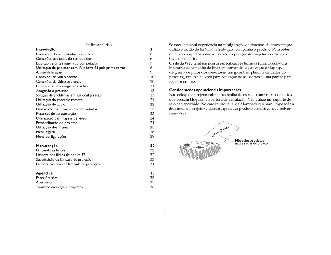 Ask Proxima C50, C40 manual Introdução, Manutenção, Apêndice, Considerações operacionais importantes 