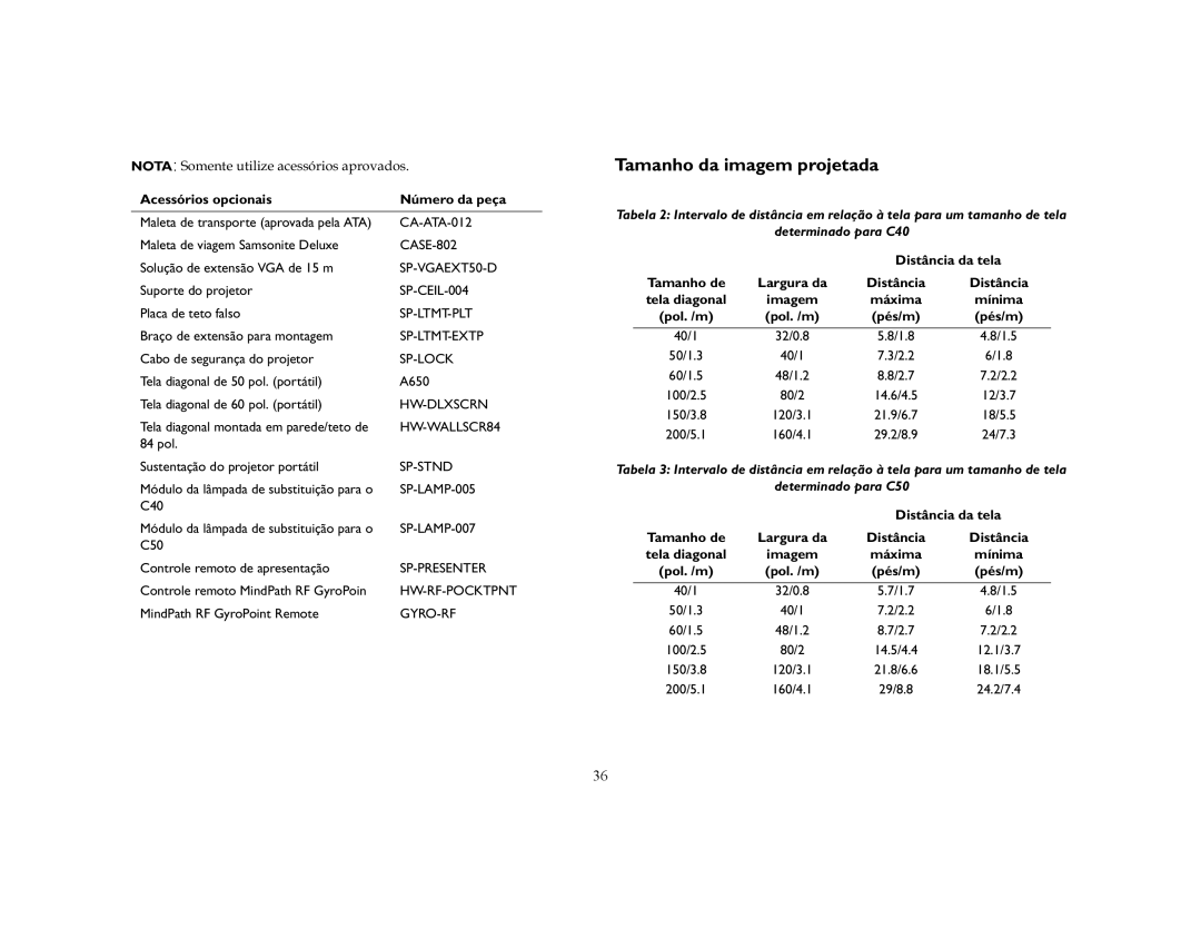 Ask Proxima C40, C50 manual Tamanho da imagem projetada, Acessórios opcionais Número da peça, Distância da tela 