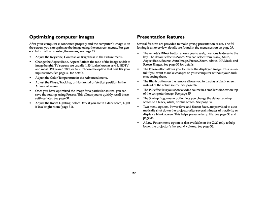 Ask Proxima C410/C420 manual Optimizing computer images, Presentation features 