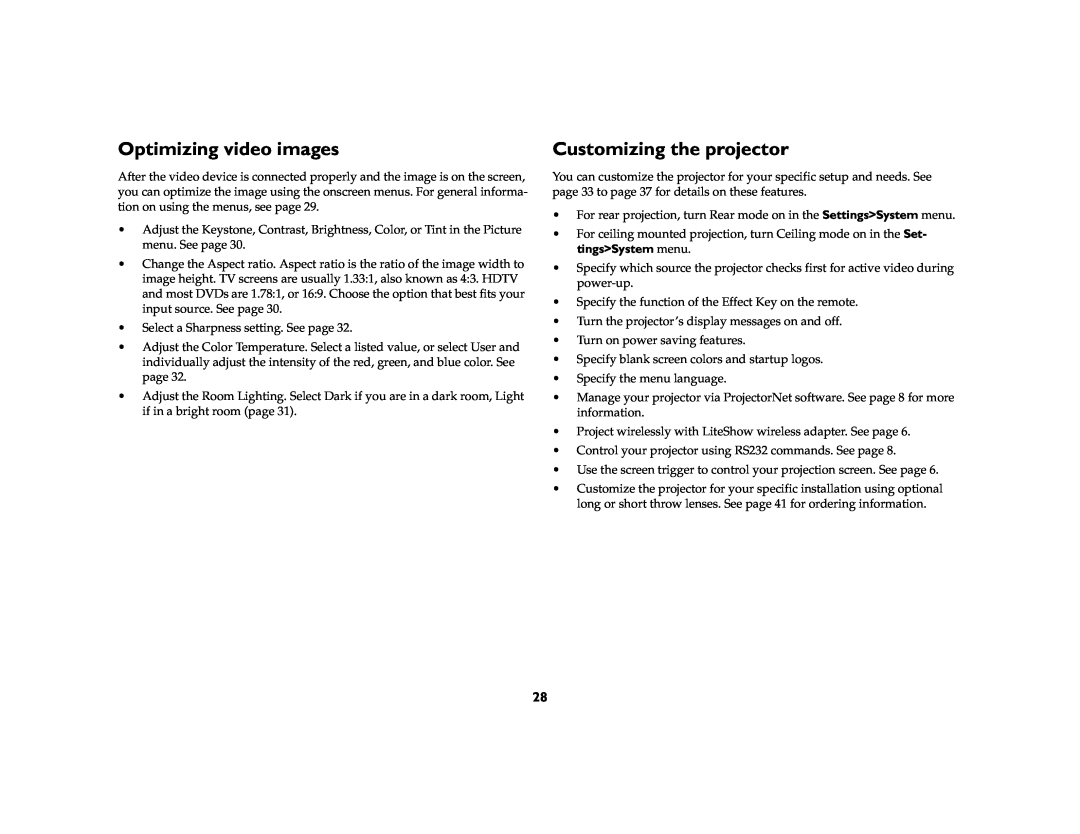 Ask Proxima C410/C420 manual Optimizing video images, Customizing the projector 