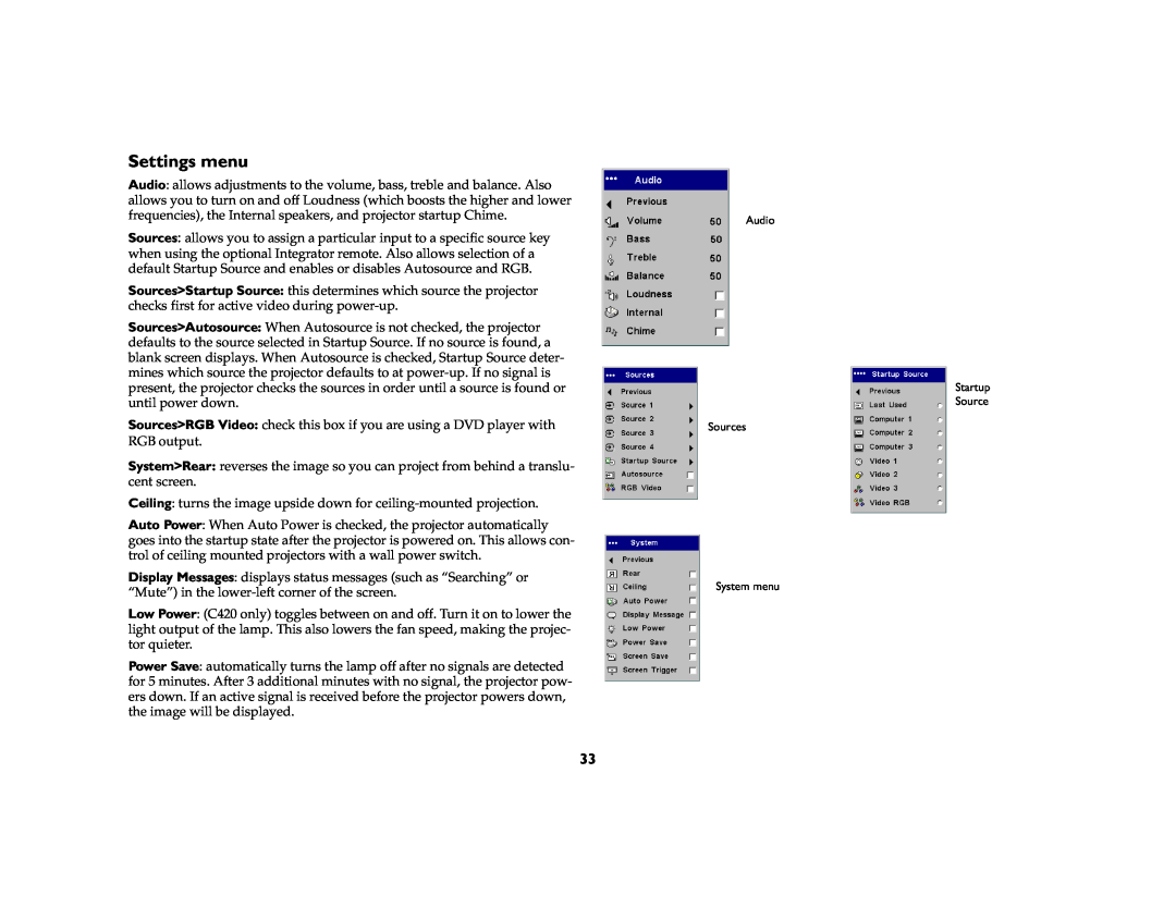 Ask Proxima C410/C420 manual Settings menu 