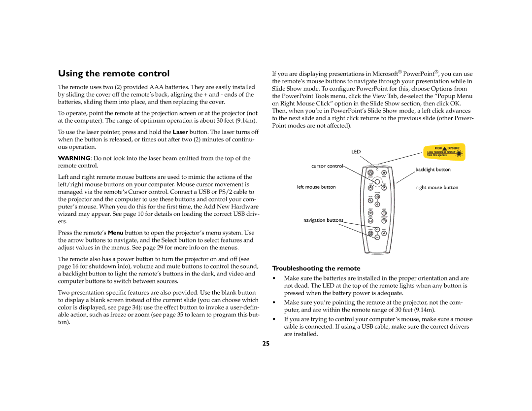 Ask Proxima C410/C420 manual Using the remote control, Troubleshooting the remote 