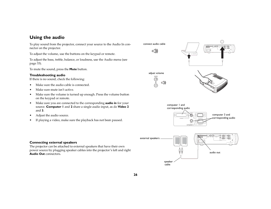 Ask Proxima C410/C420 manual Using the audio, Troubleshooting audio, Connecting external speakers 