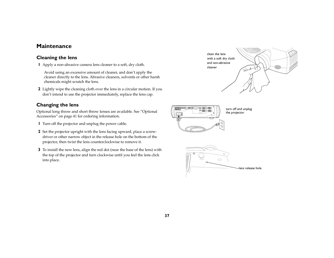 Ask Proxima C410/C420 manual Maintenance, Cleaning the lens, Changing the lens 